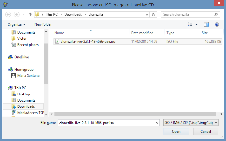 Select Clonezilla live ISO file