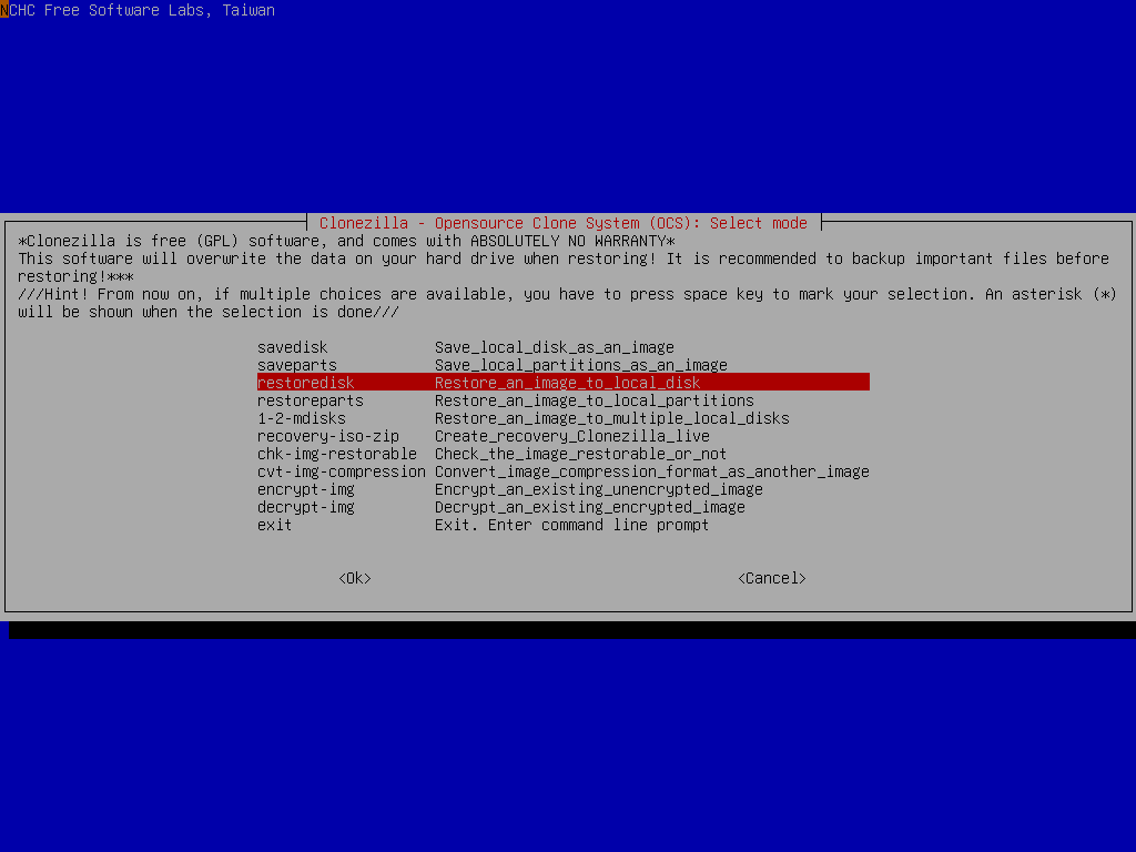 Select restoredisk option