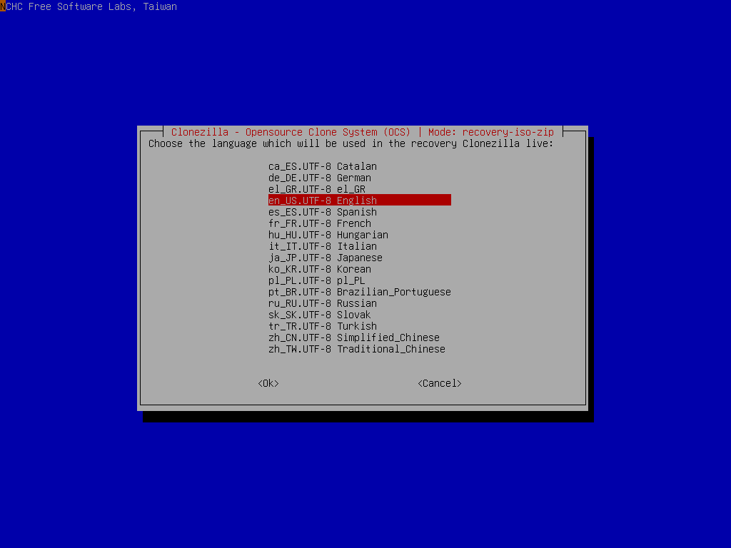 Select a language to be used by the recovery drive