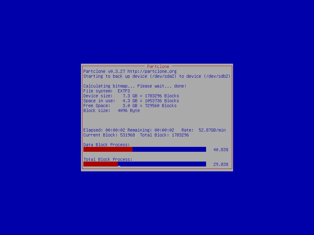Clonzilla writing target disk progress 2