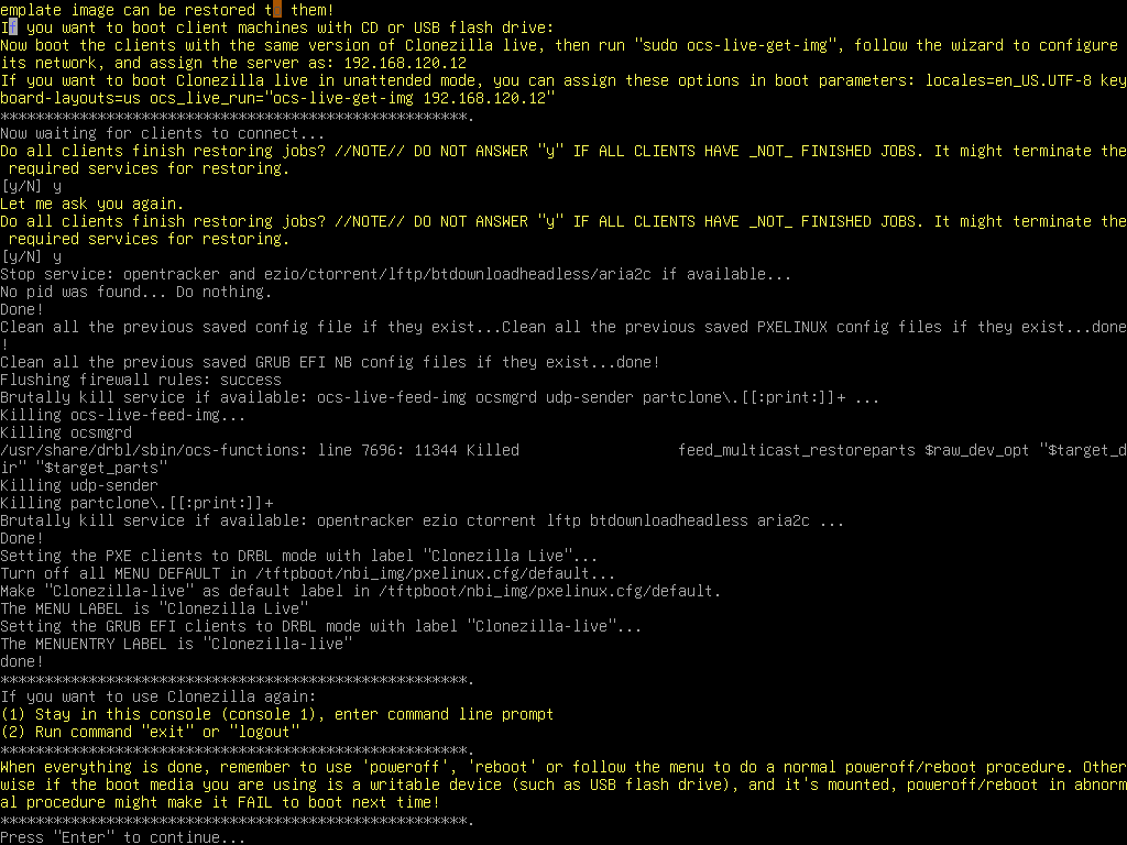 Client restore done confirmation